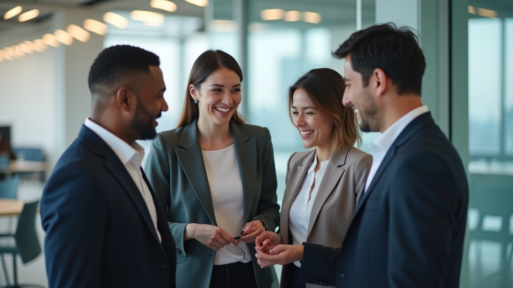 Diverse team celebrating project success together in office environment with genuine smiles and positive energy