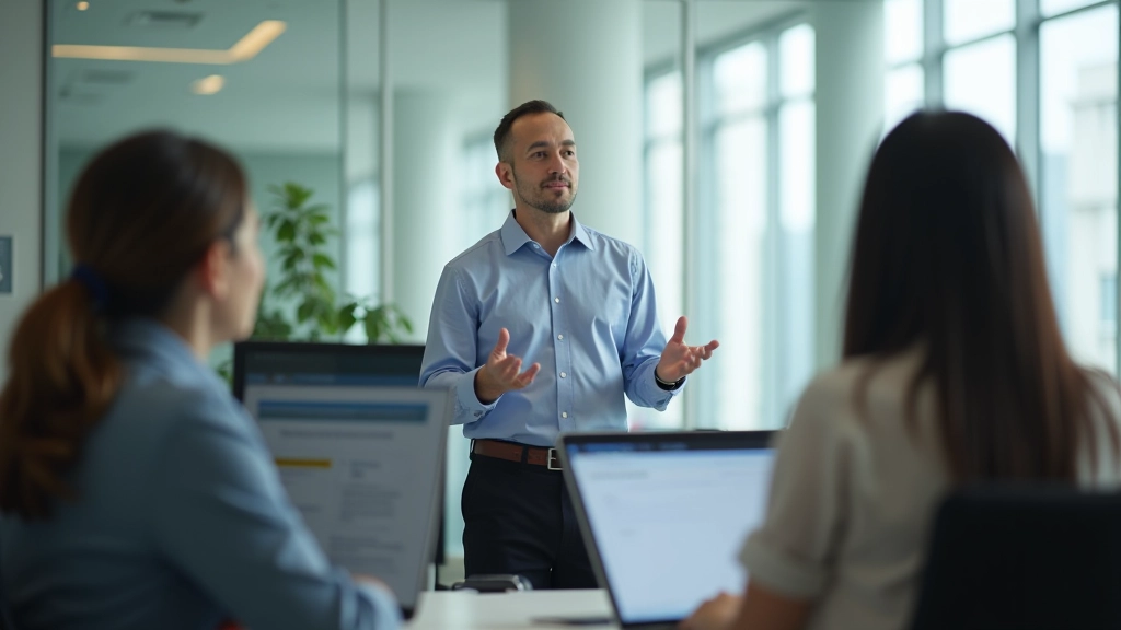 Manager delegating tasks to team members in modern office environment