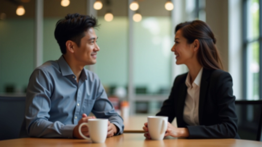 Two professionals engaged in genuine conversation at office table with coffee, showing active listening and trust